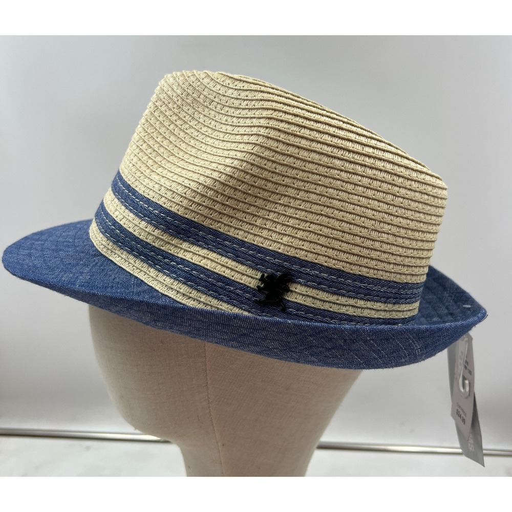 Stacy Adams Fedora Hat Men's Large Blue Denim Brim Tan Straw Crown Hat NWT